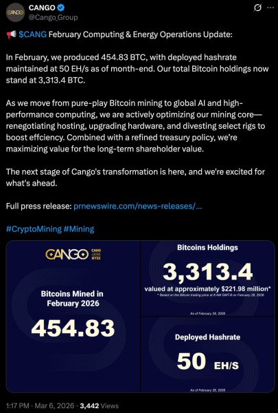 
			Майнер Cango отключил треть мощностей ради экспансии в сферу ИИ		