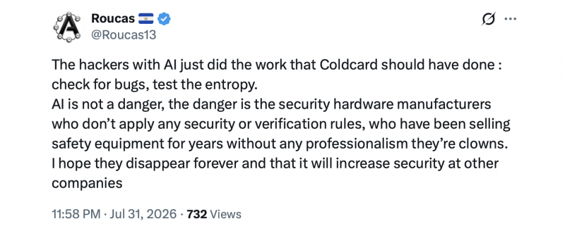 
			Именно ИИ помог обнаружить уязвимость в системе безопасности Coldcard?		